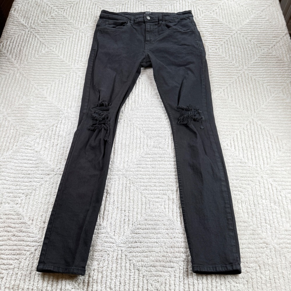 Cotton On Super Skinny Jeans Men 32x32 Black Distressed Rocker Emo Punk Goth Alt